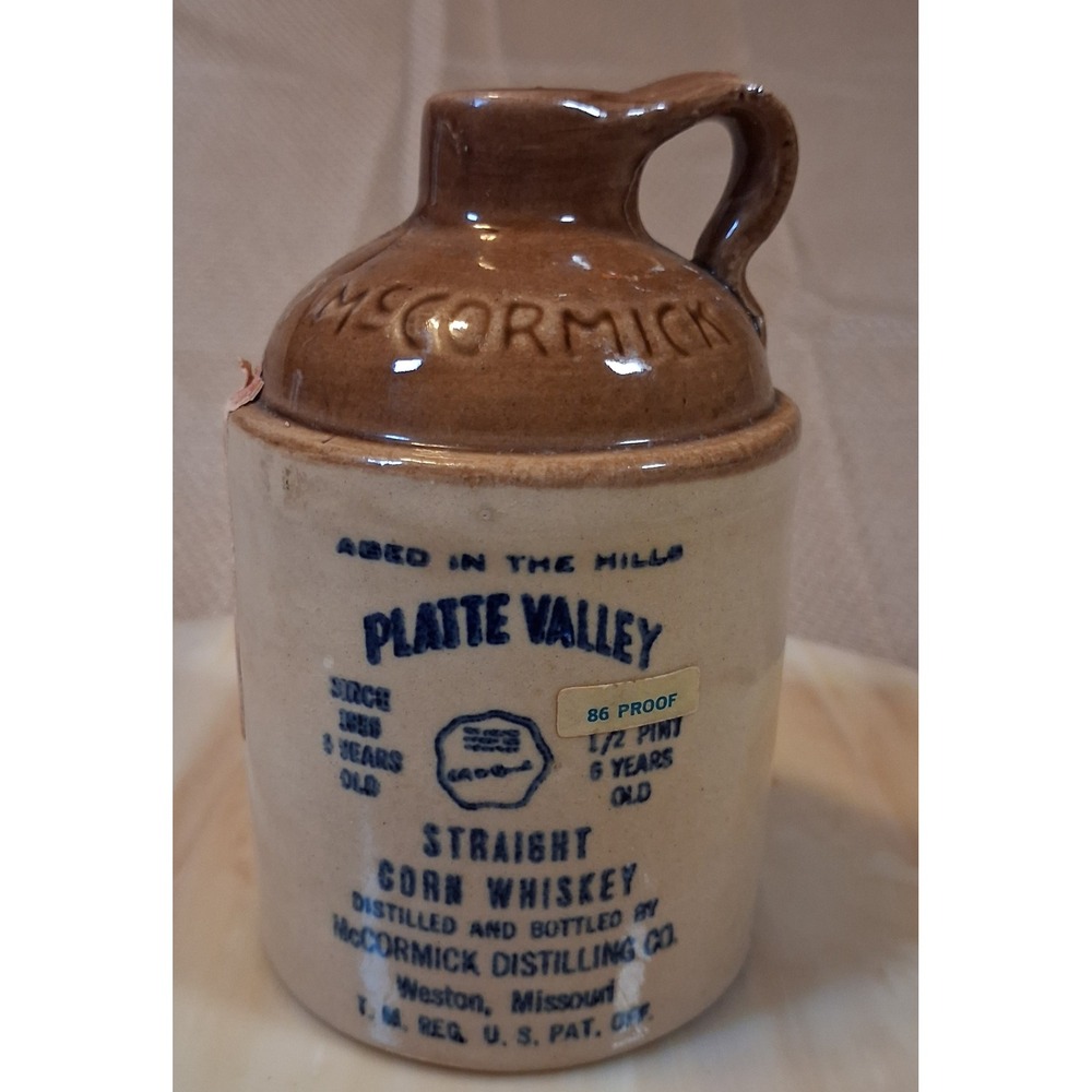 Vintage McCormick Platte Valley Corn Whiskey Stoneware Jug 1/2 Pint 168-69 5.25"